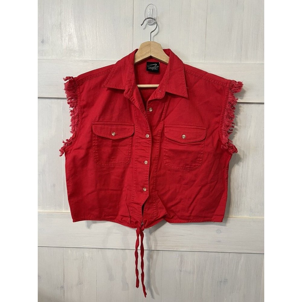 CH Apparel Ladies Red Biker Shirt Button Up Cut Off Sleeve Tie Cropped, L